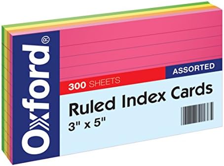 Cartões de índice de neon de Oxford, 3 x 5, governados, cores variadas, 300 por pacote