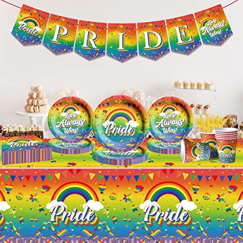 Suprimentos do Dia do Pride Gay, 142pcs Love LGBTQ Gay Rainbow Tableware Setes para 20 convidados incluem pratos de prome