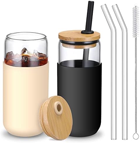 20 onças de copos de vidro com tampas e palhas de bambu - copos de bebida em forma de cerveja com luva de proteção de silicone, copos de café gelado, copo de copo para água, smoothie, chá boba, presente - 2 pacote