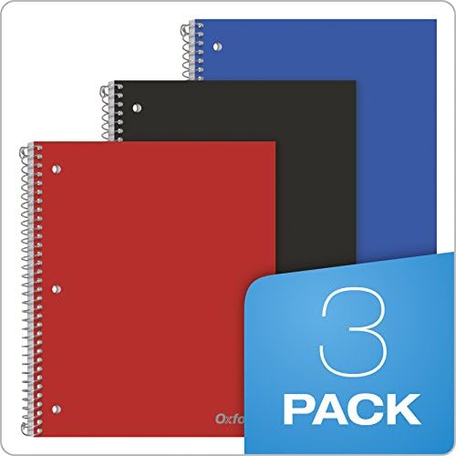 Notebooks em espiral de Oxford, 1 Assunto, College governou papel, capa de plástico durável, 100 folhas, bolso divisor, 3 por pacote, vermelho, preto e azul