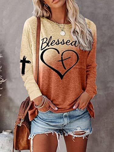 Camisas abençoadas para mulheres Jesus tem minhas costas para mangas compridas camisola cristã de letra casual camisa de camisa de impressão Tops