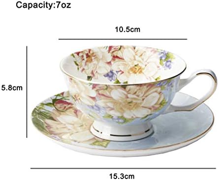 Jinglory Blue Tea Cup, Floral Tea Cup e Pires Conjunto, BONE China Tea Conjunto, Copo de café, Conjunto de chá para Adultos/Amigos/Mulheres/Men, 7oz