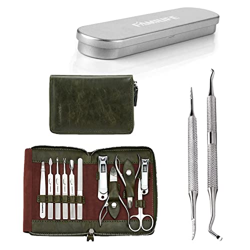 Familife Manicure Conjunto, Kit de unhas 11 em 1 kit de pedicure Kit de aço inoxidável Manicure Kit Ferramentas de pedicure de couro e de aço inoxidável encravado Arquivo de unha e levantamento duplo com caixa de armazenamento com estojo de armazenamento