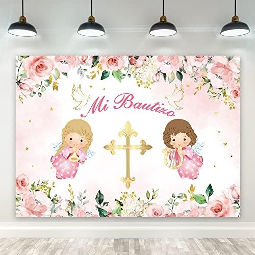 Riyidecor mi bautizo Deus abençoe decoração de batismo banner de fundo para meninas Primeira comunhão batizador 7wx5h tecido poliéster