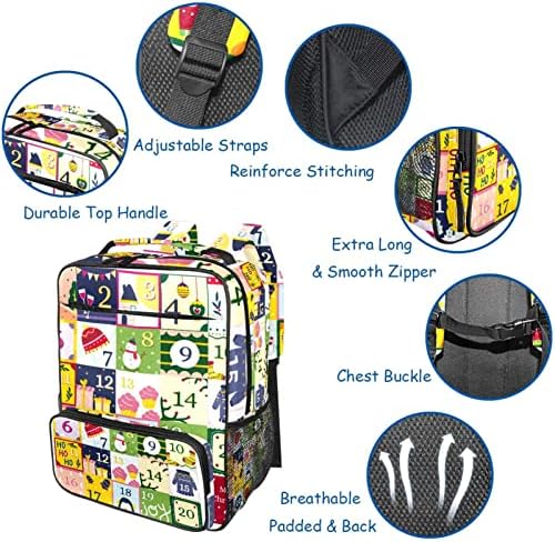 O Backpack Bookbag da Escola Casual apresenta capacidade espaçosa e alça ajustável, boneco de neve de calendário quadrado