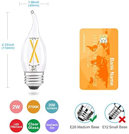 AIELIT 4PACK 2W CA10/T10 Lâmpadas de lâmpadas LED Pacote, lâmpada incandescente equivalente a 25W, 2700k branco quente, lâmpadas LED