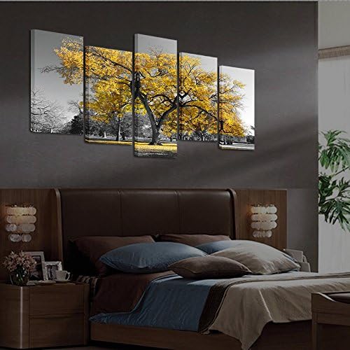 Decoração de arte visual 5 peças Pintura de lona Impressa grande árvore amarela de outono em preto e branco paisagem de outono