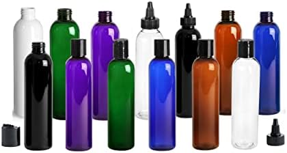 Kelkaa 8oz Cosmo redondo garrafas de plástico de estimação branca com tampas de tampa de disco preto preto para shampoo, condicionador,