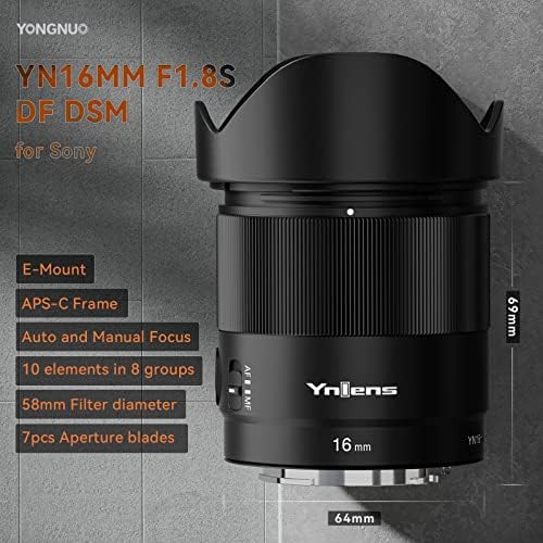 Yongnuo yn16mm f1.8s da dsm lente de largura de angular dsm para montagem eletrônica da Sony, 1,8 grande foco automático de abertura APS-c lente de quadro, para câmeras Sony Mirrorless