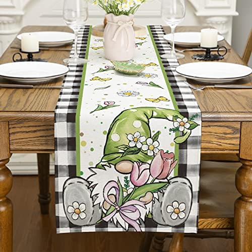 Siilues Spring Summer Table Runner, Gnome Gnome Spring Summer Decorações de mesa de primavera para mesa de férias sazonal de primavera Decoração de férias para decoração de mesa de jantar externo em interior