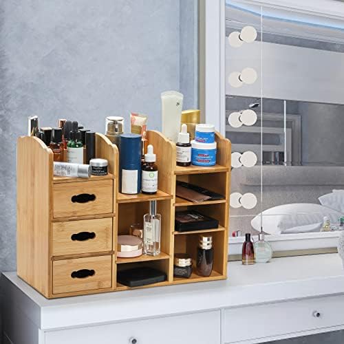 Organizador de cosméticos de maquiagem de bambu Coloch com gavetas, prateleira de organizador de mesa de armazenamento de maquiagem multifuncional para mesa para desktop, cuidados com a pele, suprimentos de beleza, exibição de cosméticos, armazenamento de papelaria