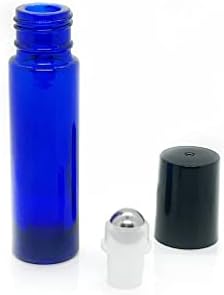 Frascos de óleo essencial azul cobalto de 10 ml com bolas de rolos de aço inoxidável e tampas pretas brilhantes suaves