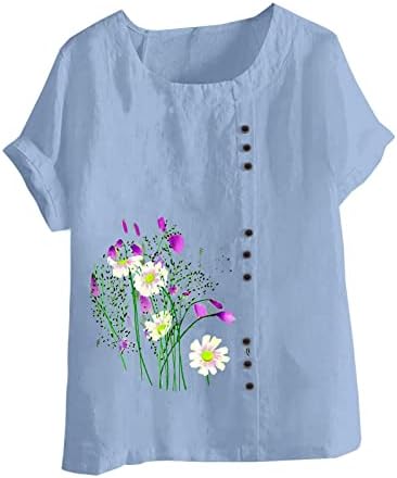 Blusa de meninas adolescentes de manga curta de linho de algodão Crewneck Daisy Poppy Floral Graphic Lounge Blouse Shirt Women