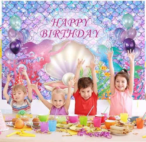 7x5 pés de sereia de sereia de sonho brilho escamas coloridas escalas coloridas Fotografia de algas Borda de feliz aniversário Banner para meninas Meninas Mulheres Supplências de decoração de festa