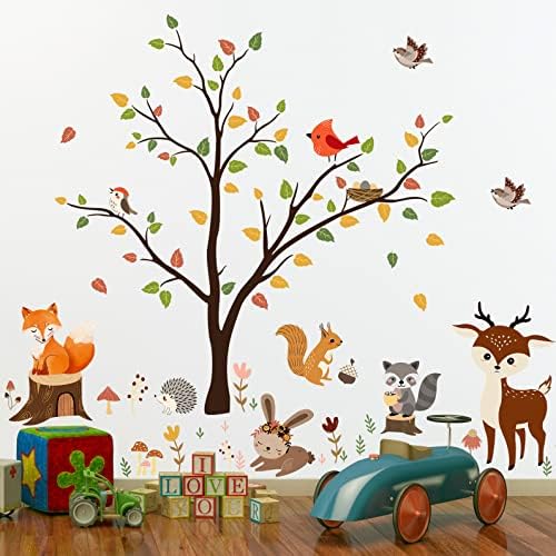 Buiory Creative Creative 3D Cartoon Tree and Forest Animals adesivos de parede adesivos de parede coloridos Decalques de parede de pássaros voadores Decora