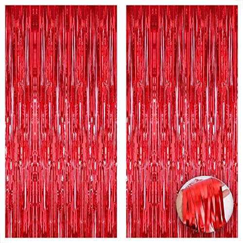 XTRALARGE 6,4x8 pés cenário de franja prateada - Cortina de franja de papel alumínio vermelho | Pacote de 2, transmissores