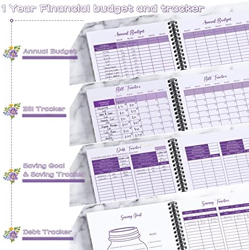 Livro mensal do planejador de orçamento com 12 bolsos para renda, dívida, economia, despesa e organizador de rastreador de contas, roxo e floral