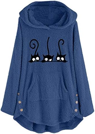 Hoodies de lã visalizados para mulheres de plus size gato de gato de inverno quente blusa de pulôver com capuz