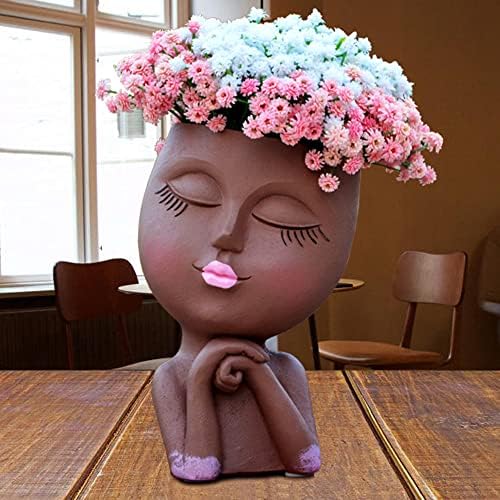Plantador de cabeça de vasos de flores de rosto amoroso, cabeça de menina com fábrica de flor, rostos de planta panela, estátua