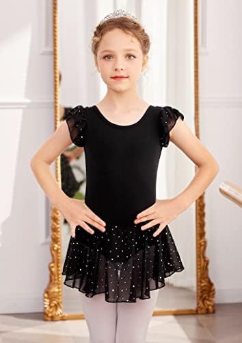 Arshiner Girls Shiny Ruffle Sleeve Ballet Leotard com saia Criss-Cross Back Dance Vestres