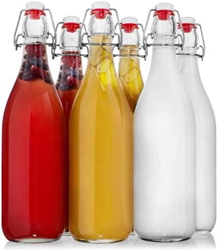 Garrafa de vidro de Willdan Giara com tampas de tampa, conjunto de garrafas de vidro superior de 6-33.75 oz para bebidas, óleos, kombucha, kefir, vinagre, tampas à prova de vazamento