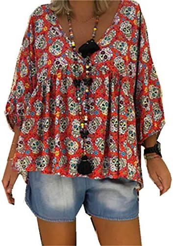 ANDONGNYWELL Feminina estampa feminina Floral V pescoço de manga solta tops elegantes blusas camisa de chiffon camisa