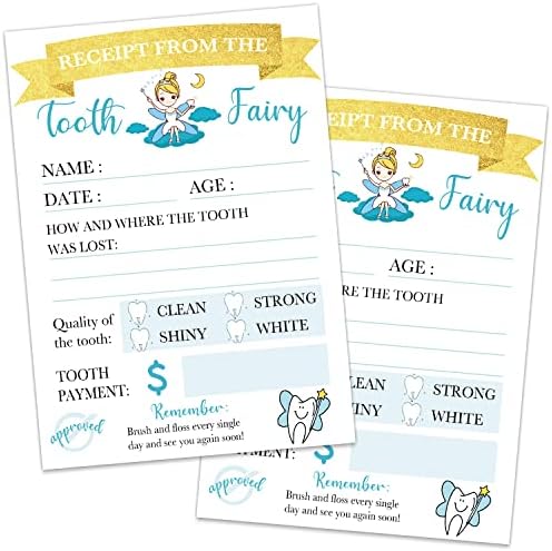 Recibo oficial da fada dos dentes, certificado de papel de fada de dente para crianças, boletins de fadas de dente,