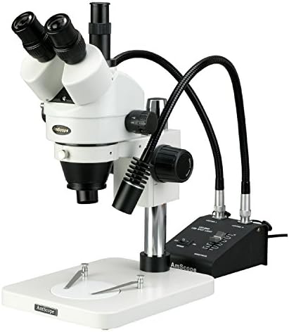 Microscópio de zoom de estéreo trinocular profissional SM-L6W AMSCOPE Sm-1TS-L6W, ampliação de 7x-45x, objetivo de zoom de 0,7x-4,5x, luz LED de gaosco dupla de 6w, suporte de pilar, 85V-265v