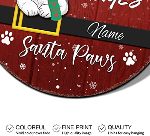 Metal Tin Christmas Sinais de nome de gato personalizado aqui vem Santa Paw Red redondo lata de metal decorações de natal Wreath