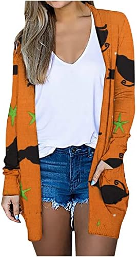 Cardigan de tamanho grande para mulheres Halloween Open Front Cardigan Jacket Teen Girl Pumpkin Cat Print de manga