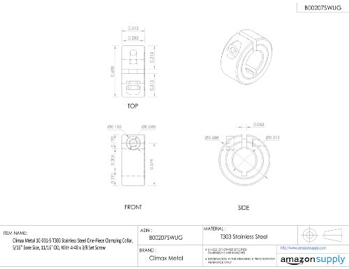 Metal clímax 1C-031-S T303 Aço inoxidável colar de uma peça de aço, tamanho de furo de 5/16 , 11/16 OD, com 4-40 x 3/8 parafuso de fixação