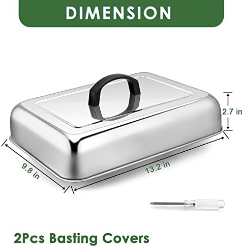 Joyfair 13 x 9 polegadas derretimento do conjunto de tampa de 2, queijo de metal aço inoxidável derretem cúpulas retangulares para chapa de parte superior plana externa/interna, maçaneta resistente ao calor e chave de fenda, lava-louças