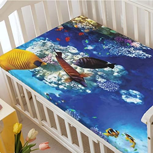 Mini folhas de berço com temas oceânicos, mini -berço portáteis folhas de berço macias e elásticas - Ótimo para garotos ou garotas ou berçário, 24 “x38“, azul marinho e amarelo