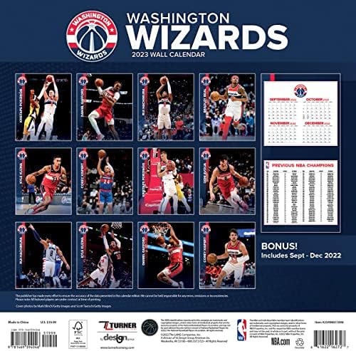 Turner Sports Washington Wizards 2023 12x12 Calendário de parede da equipe