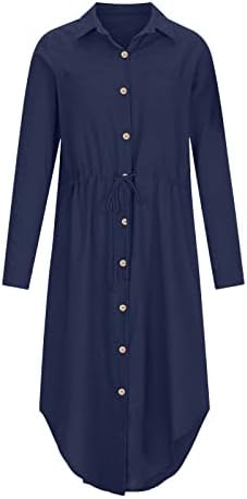 Vestidos de camisa maxi feminina botão de linho de algodão sólido lapela mangas compridas