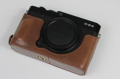 Abordagem inferior da capa da câmera de couro PU compatível com fujifilm x-e4 xe4 com design de tripé marrom escuro