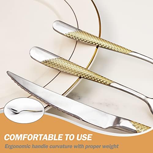 Runfly 20 peças Hammersed Modern Silver Gold Salheres, conjunto de talheres de aço inoxidável de 18/10, serviço de utensílio de cozinha