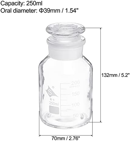 Patikil 250ml Reagent Media Bottle, 1pcs Round Gradued Glass Storage Storage com tampa transparente para o Laboratório de