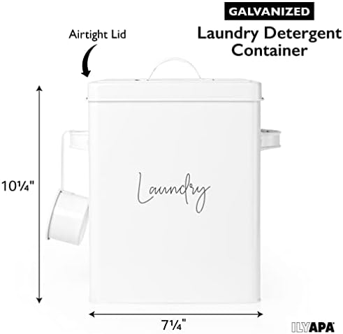Recipiente de pó de lavanderia ILYAPA com 2/3 de xícara de colher de sabão, recipiente de detergente em pó galvanizado branco, recipiente de reforço de aroma, lixeira para lavanderia