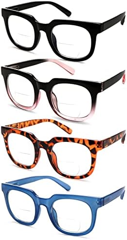 Sigvan 4 Pack Bifocal Reading Glasses for Women Blue Blocking Hinges Spring Leitors Computer Square Opyeglasses
