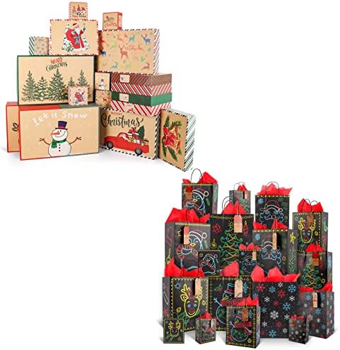 Giiffu 18pcs Kraft Christmas Gift Boxes com tampas e 18pcs brilho de Natal nas bolsas de presente escuras