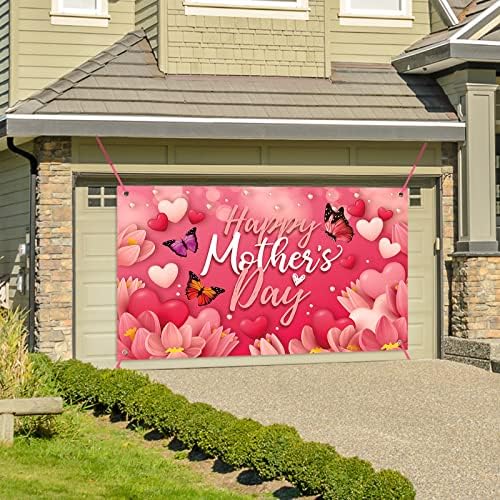 Grande Feliz Dia das Mães Decorações das Mães Bandeira ao ar livre de 71x44 polegadas, Mom para presentes para residências de decoração de casa em casa material de festa, fundo do quintal para fotografia, flores de coração rosa vermelho