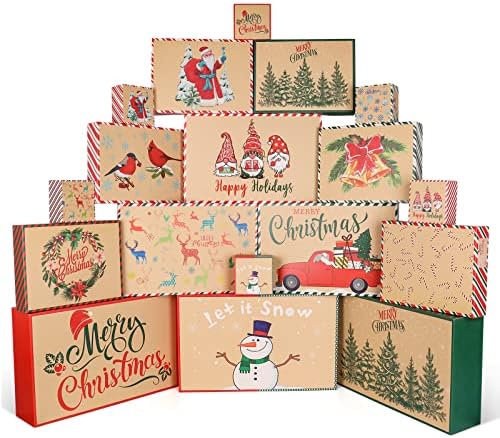 Giiffu 18 Kraft Christmas Gift Boxes com tampas, 12 designs e 4 tamanhos com adesivos de tag de presente, caixa de camisa decorativa