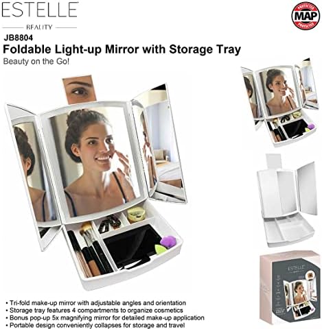 Ideaworks Estelle - espelho de luz dobrável com três dobras com bandeja de armazenamento - 4 compartimentos - ampliação de 5x - perfeita