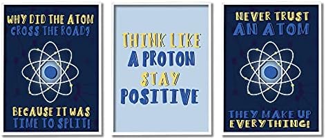 Stuell Industries Atom atravessa a estrada Humor científico Moléculas azuis, projetadas por Daphne Polselli White emoldurou arte da parede, 3pc, cada um 11 x 14