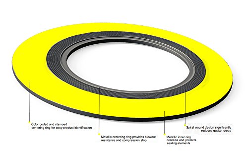 SERLING SEAL 90002500304GR1500X24 304 Junta de ferida em espiral em aço inoxidável com enchimento de grafite flexível, para tubo de 2-1/2 , classe de pressão 1500#, amarelo com listras cinza