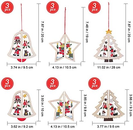 Abaodam 9pcs de Natal pendurados pingentes de madeira Ornamentos suspensos de escultura incluem estrelas de cinco pontas Bells de Natal árvores de Natal