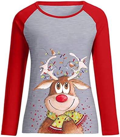Camisas de Natal para mulheres fofas feias renas gráficas de manga longa raglan camisetas casuais x-mas o pescoço moletons moletons
