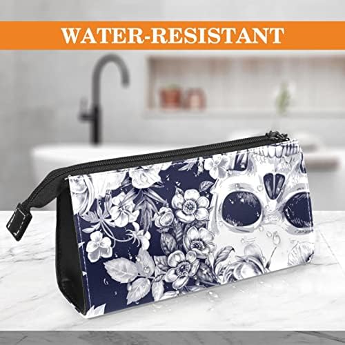 Bolsa de cosméticos pequena, sacos de maquiagem elegantes, bolsa de zíper, presentes para mulheres, viagens à prova d'água, organizador de bolsa de produtos de higiene pessoal, Skull Flower Retro