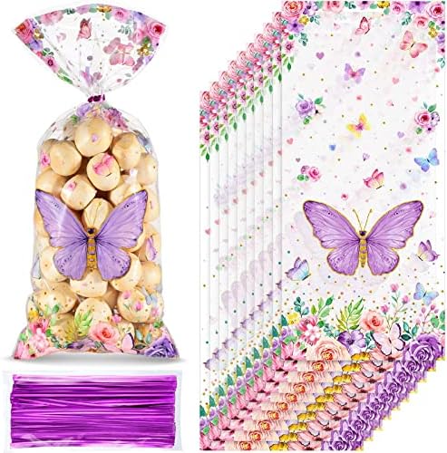 100 PCs Butterflies Celofane Bolsas de tratamento plástico Butterfly Party Favors Watercolor Butterfly Cello Candy Bag com 100 laços de torção para o tema da borboleta